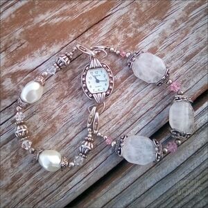 Geneva Oval Bracelet Watch Silver Tone Faux Pearl Beaded 25mm 7 Inch